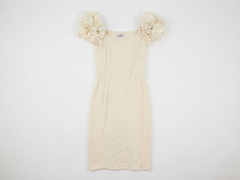 Vintage 80s St. John Marie Gray 4 Santana Knit Ivory Dress Ruffle Flower Formal